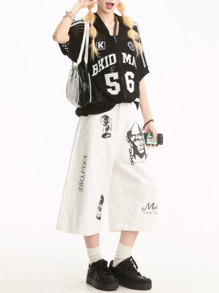 Street Style Hand-Painted Print Denim Cropped Pants