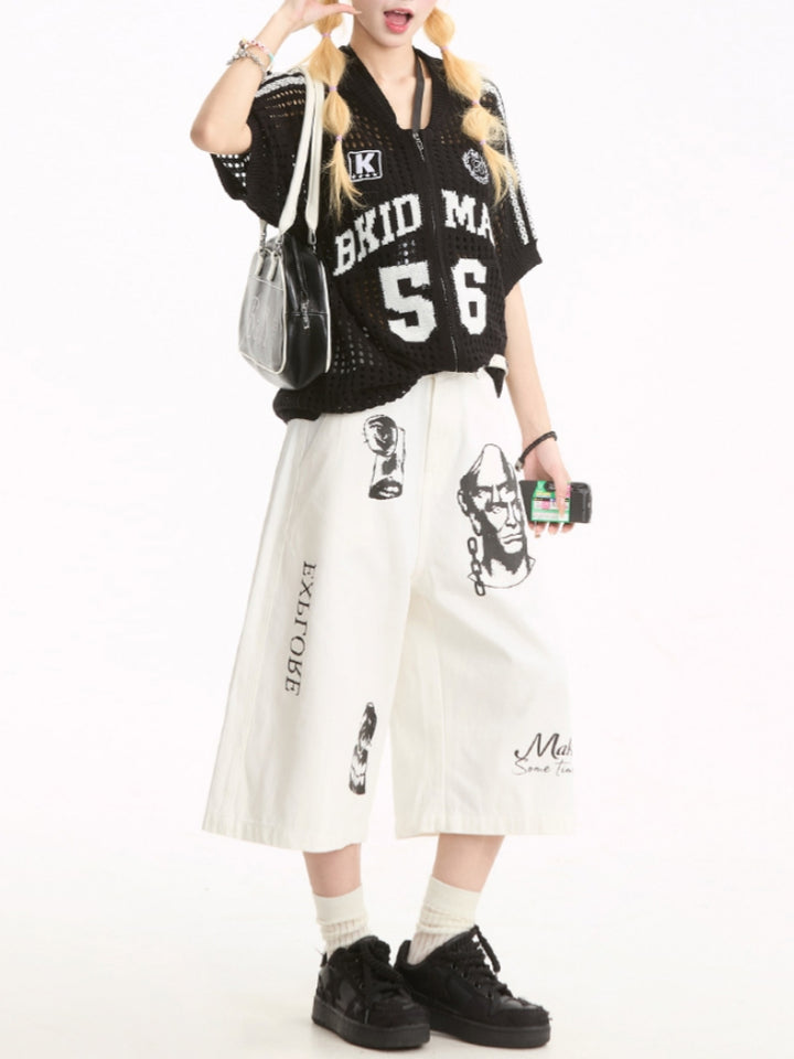 Street Style Hand-Painted Print Denim Cropped Pants