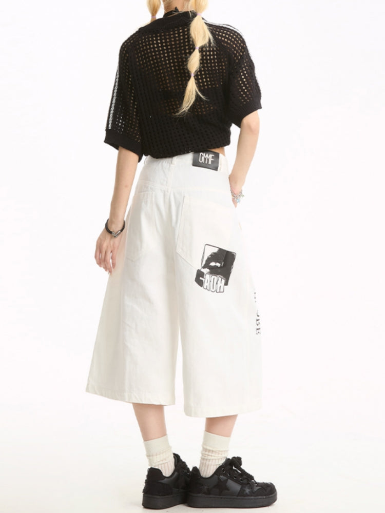 Street Style Hand-Painted Print Denim Cropped Pants