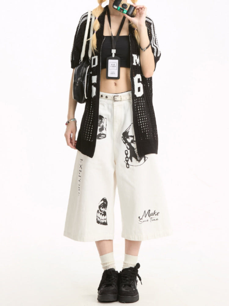 Street Style Hand-Painted Print Denim Cropped Pants