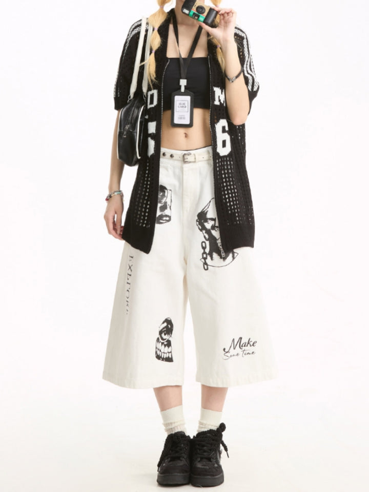 Street Style Hand-Painted Print Denim Cropped Pants