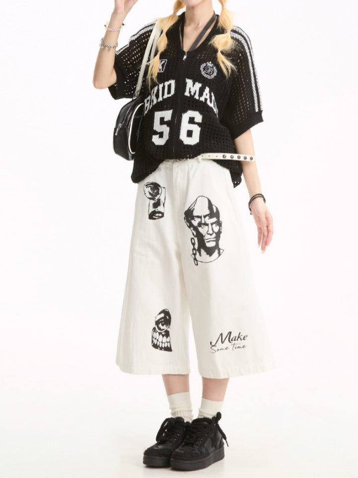 Street Style Hand-Painted Print Denim Cropped Pants