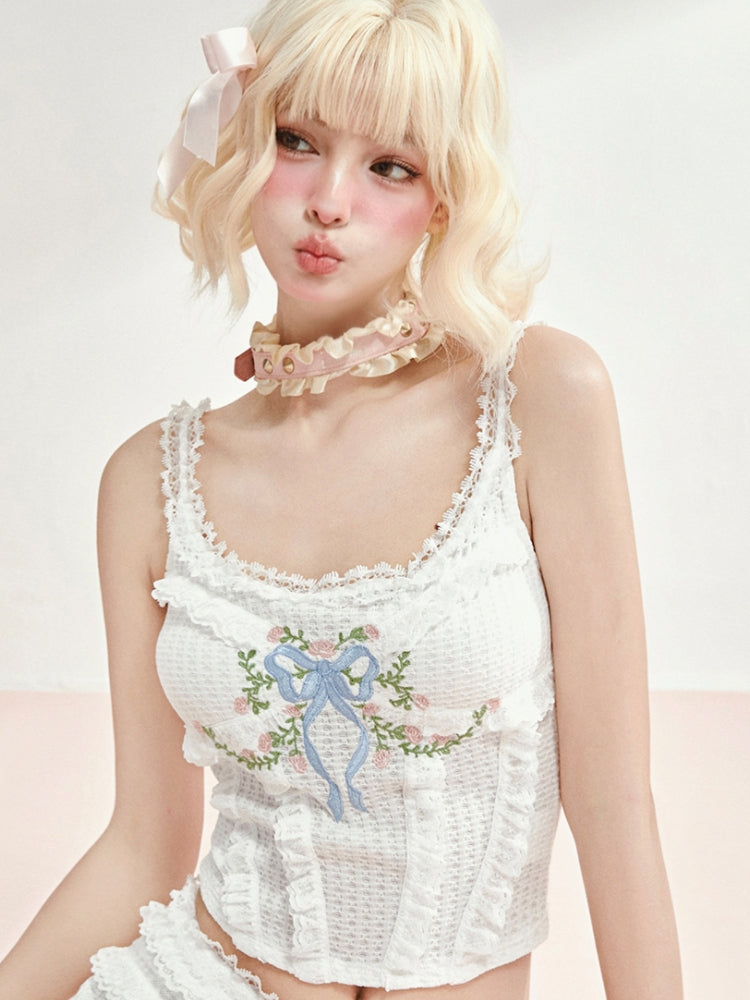 Floral Bow Embroidered Lace Trim Camisole / Shorts