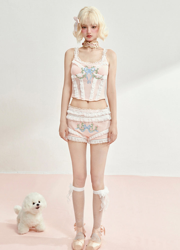 Floral Bow Embroidered Lace Trim Camisole / Shorts