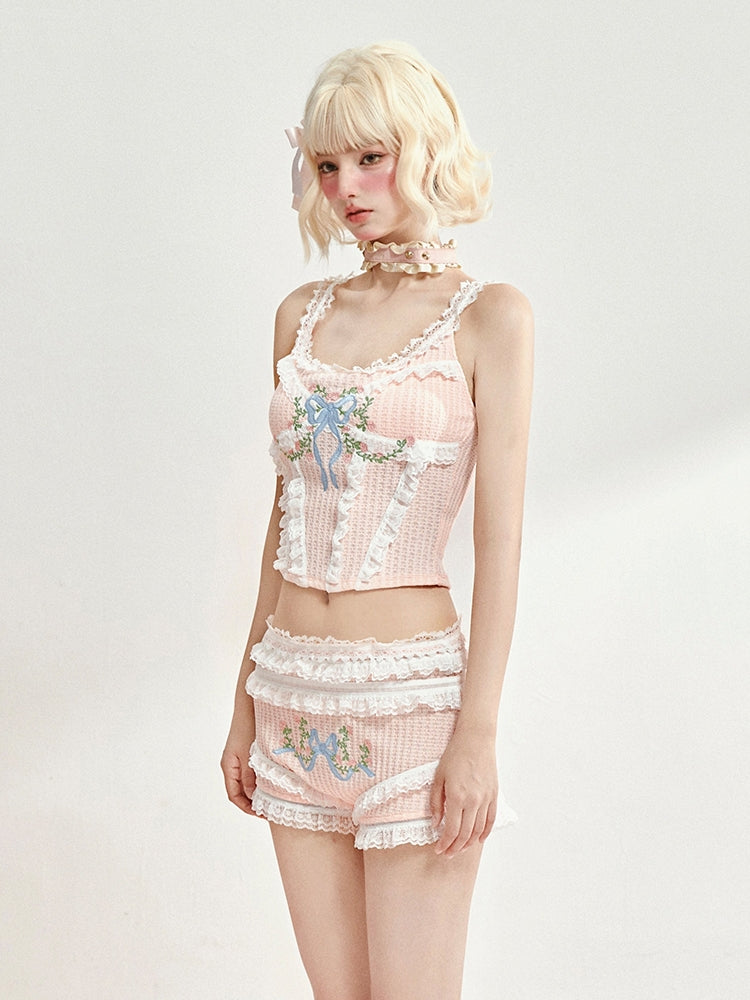 Floral Bow Embroidered Lace Trim Camisole / Shorts