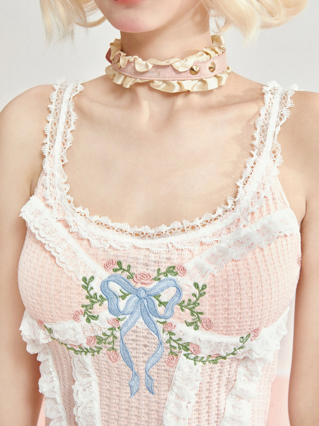 Floral Bow Embroidered Lace Trim Camisole / Shorts