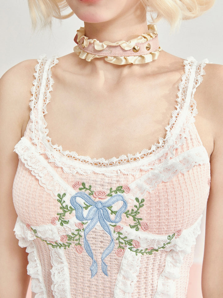 Floral Bow Embroidered Lace Trim Camisole / Shorts