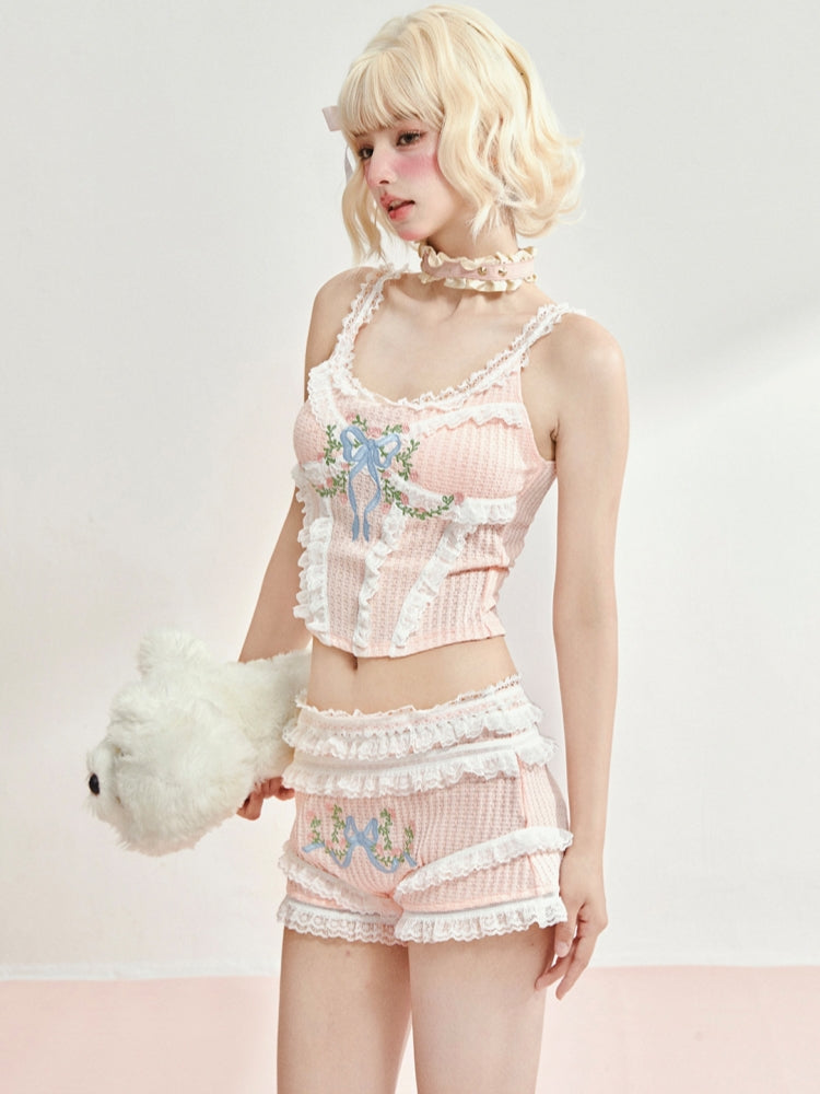 Floral Bow Embroidered Lace Trim Camisole / Shorts