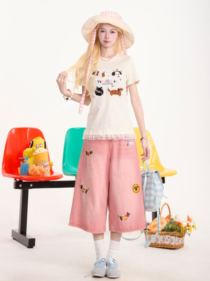 Cute Puppy Embroidered Short Sleeve T-Shirt