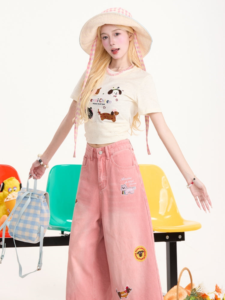 Cute Puppy Embroidered Short Sleeve T-Shirt