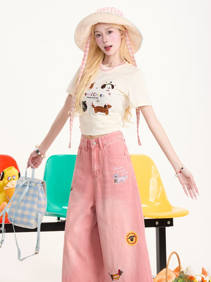 Cute Puppy Embroidered Short Sleeve T-Shirt