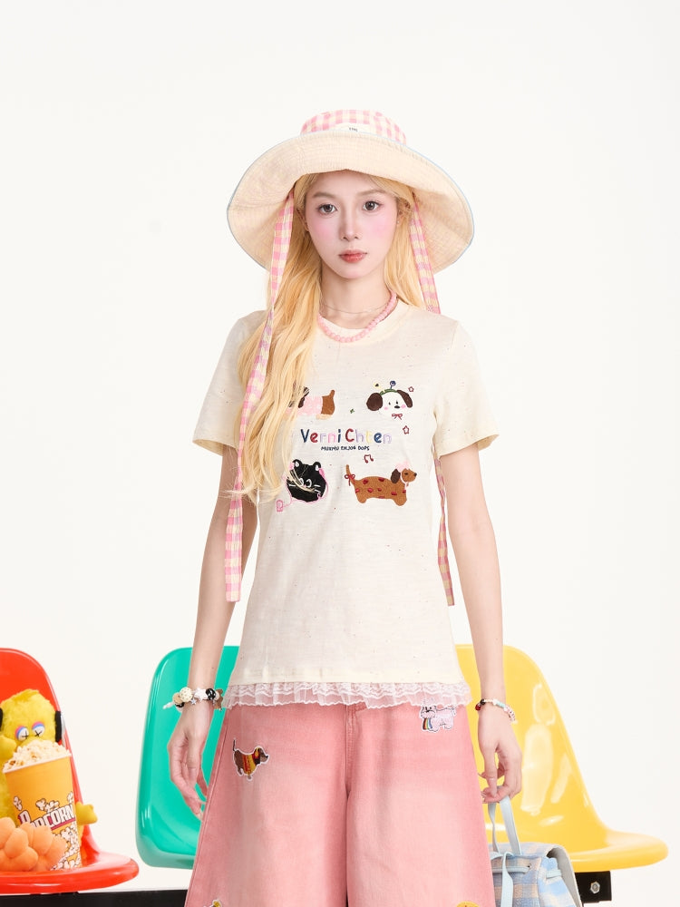 Cute Puppy Embroidered Short Sleeve T-Shirt