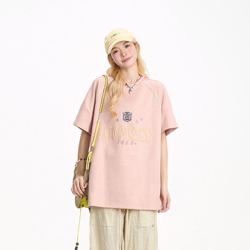 Preppy Style Letter Embroidered Short Sleeve T-Shirt
