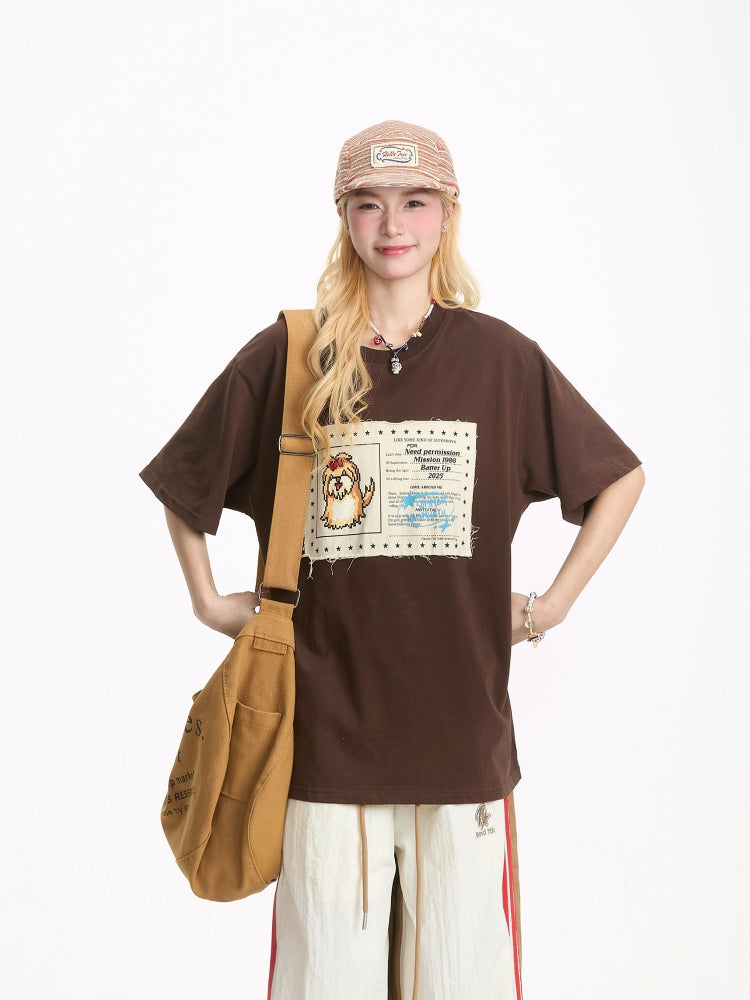 Japanese-Style Cartoon Puppy Appliqué Short-Sleeve T-shirt