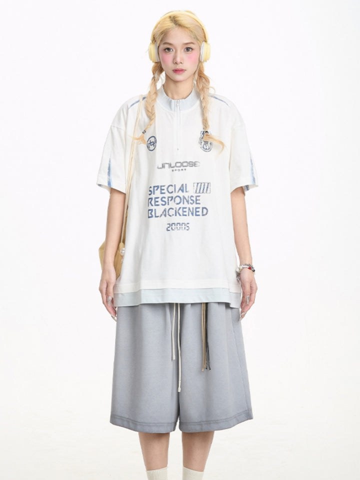 American Streetwear Half-Zip Letter T-shirt