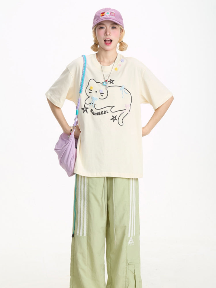 Cute Black Kitten Embroidered Short-Sleeve T-shirt