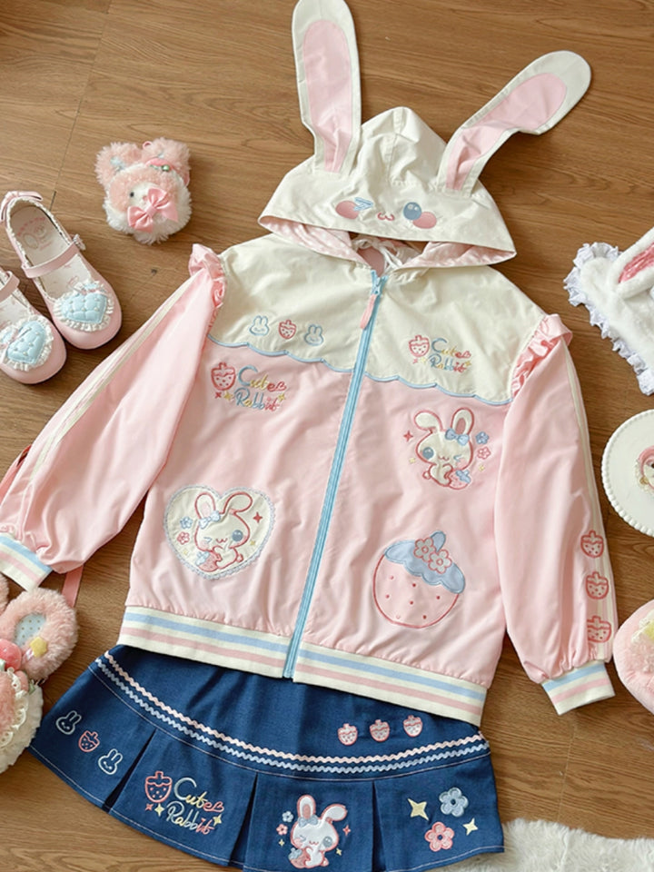 Strawberry Bunny Ear Hoodie Jacket