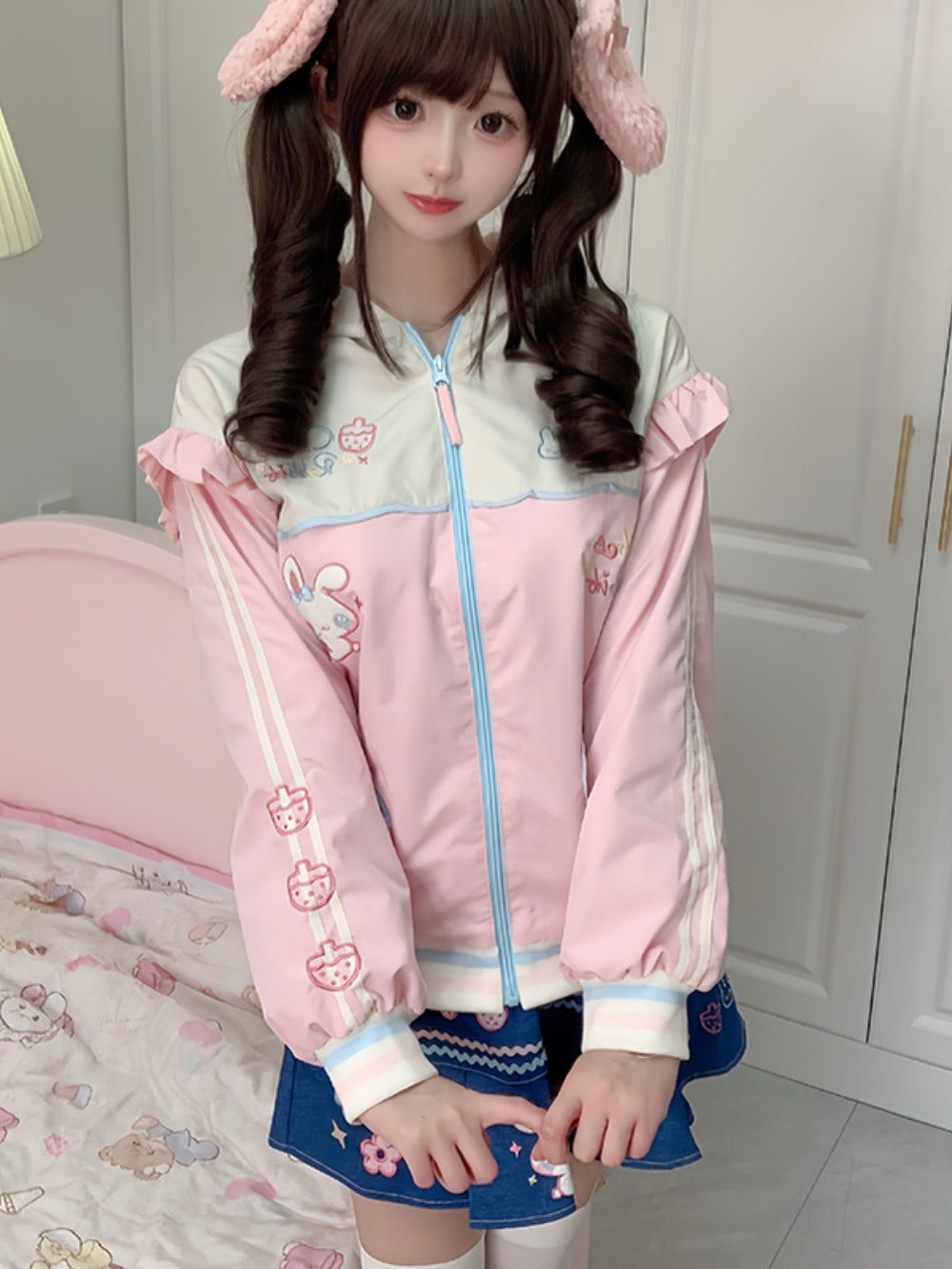 Strawberry Bunny Ear Hoodie Jacket