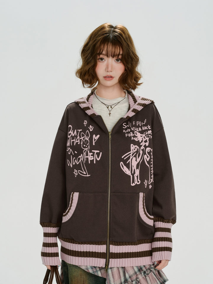 Knit Patchwork Hooded Sweatshirt Jacket