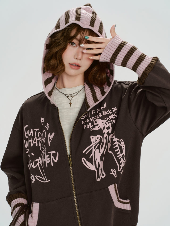 Knit Patchwork Hooded Sweatshirt Jacket