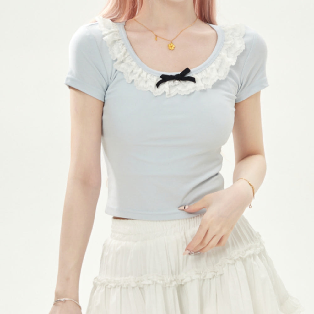 Lace Round Neck Fitted T-Shirt