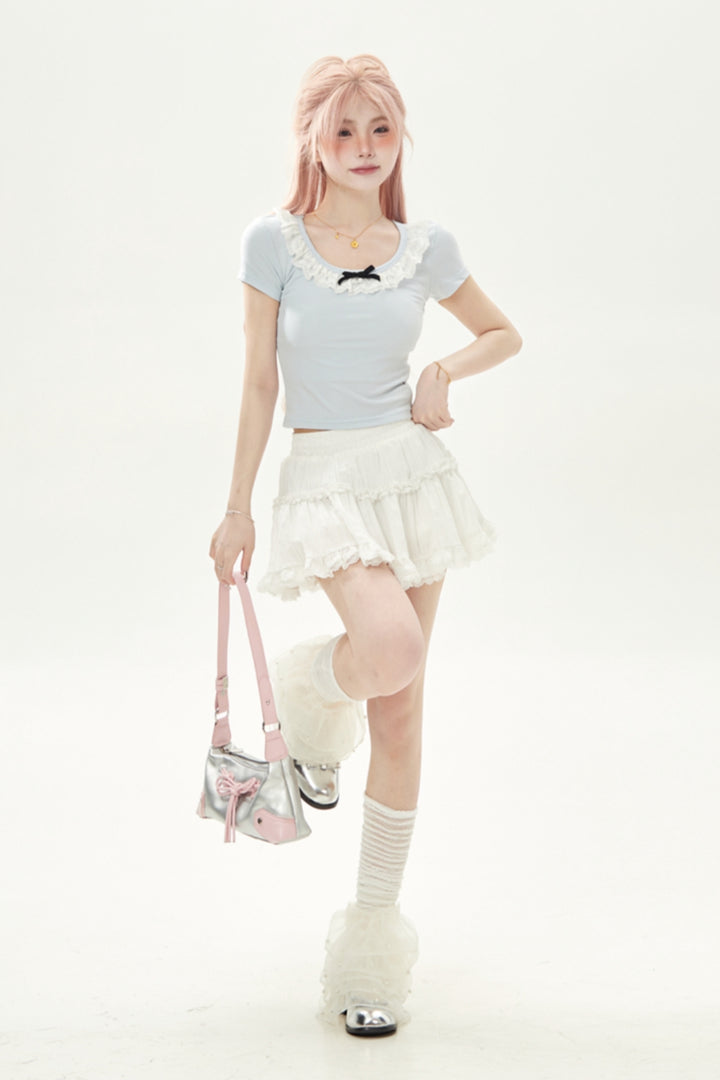 Lace Round Neck Fitted T-Shirt