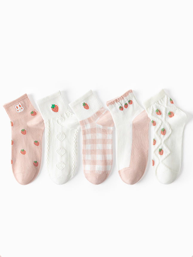 5 pairs of cute strawberry bunny spring summer cotton socks