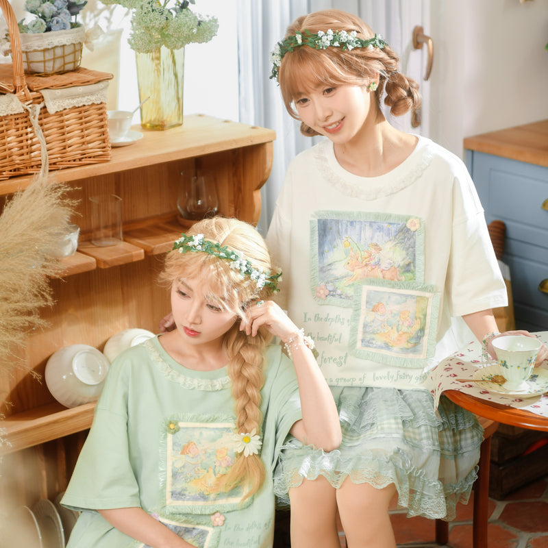 White/Green Spring/Summer Illustration Round Neck T-shirt