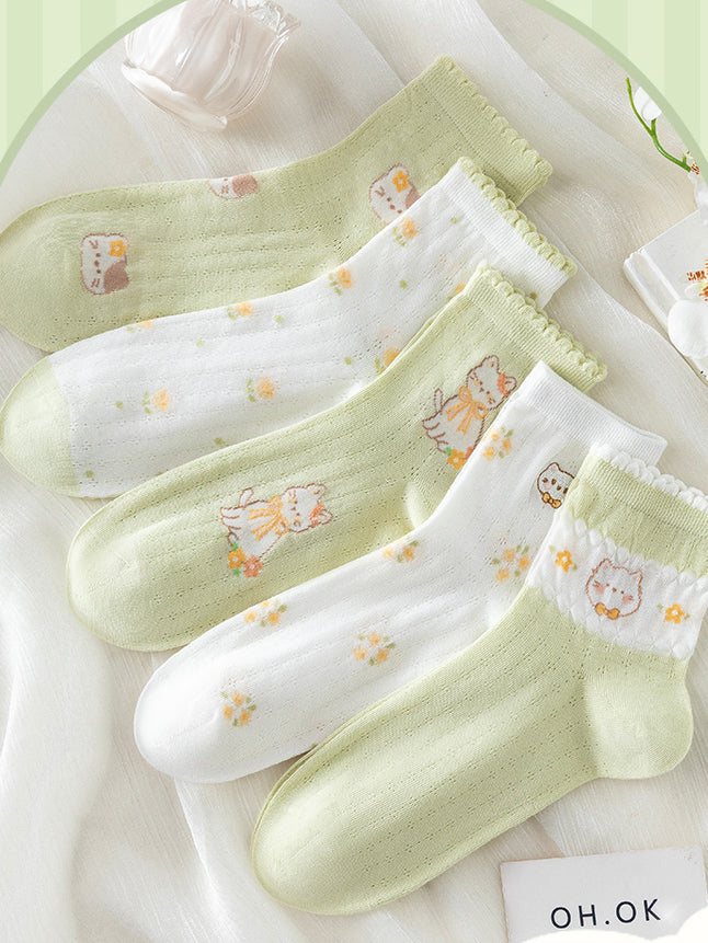 5 pairs of green cartoon bear spring summer socks