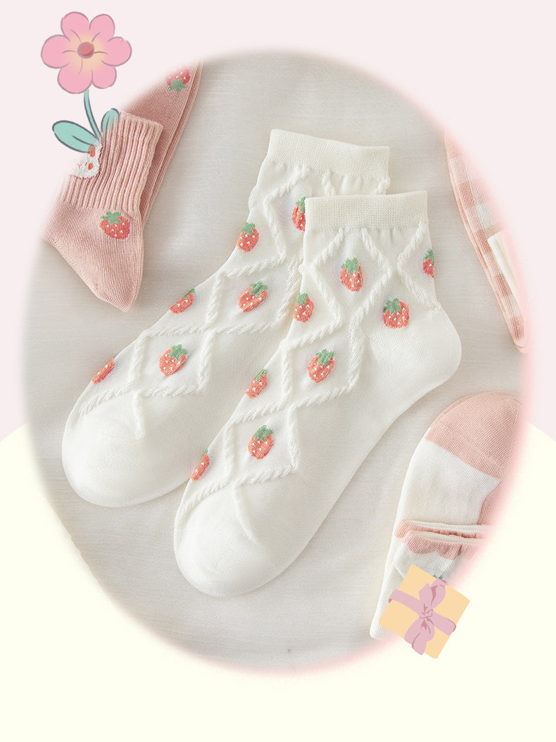 5 pairs of cute strawberry bunny spring summer cotton socks
