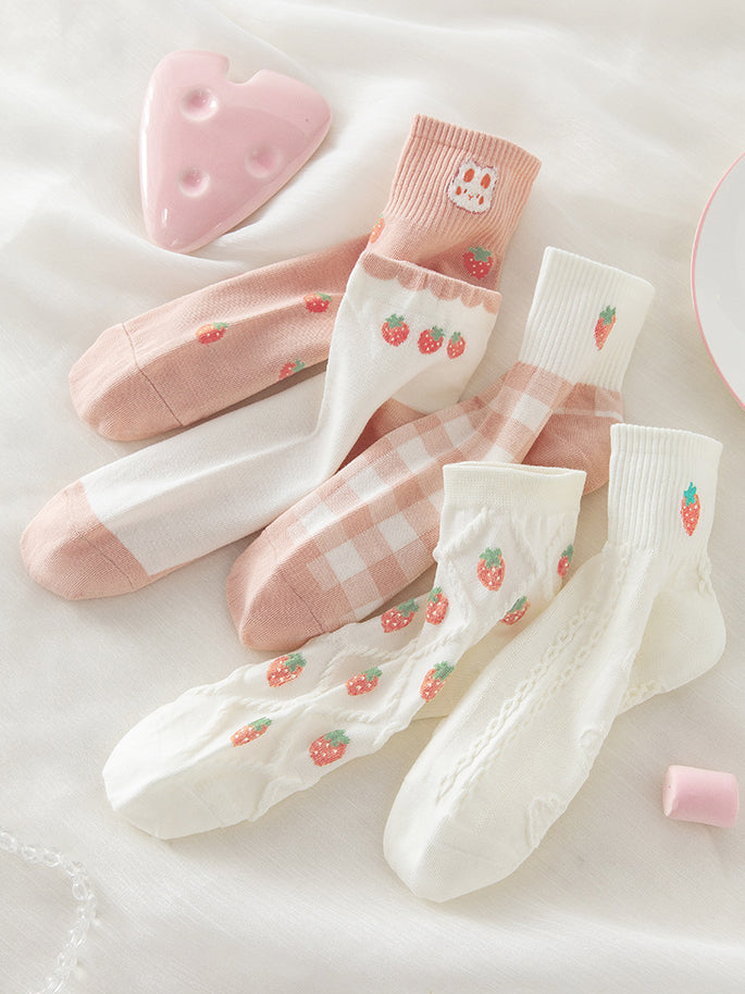 5 pairs of cute strawberry bunny spring summer cotton socks