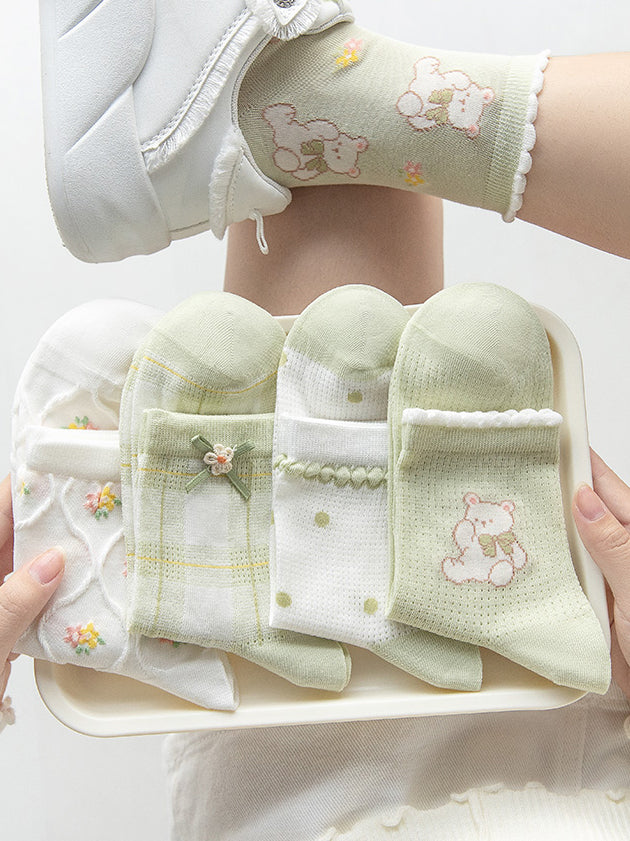 5 pairs of green cartoon bear spring summer socks