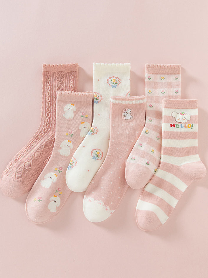 6 pairs of pink cute puppy cotton mid-calf socks