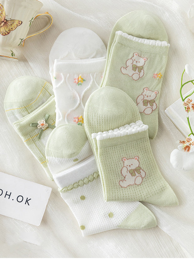 5 pairs of green cartoon bear spring summer socks