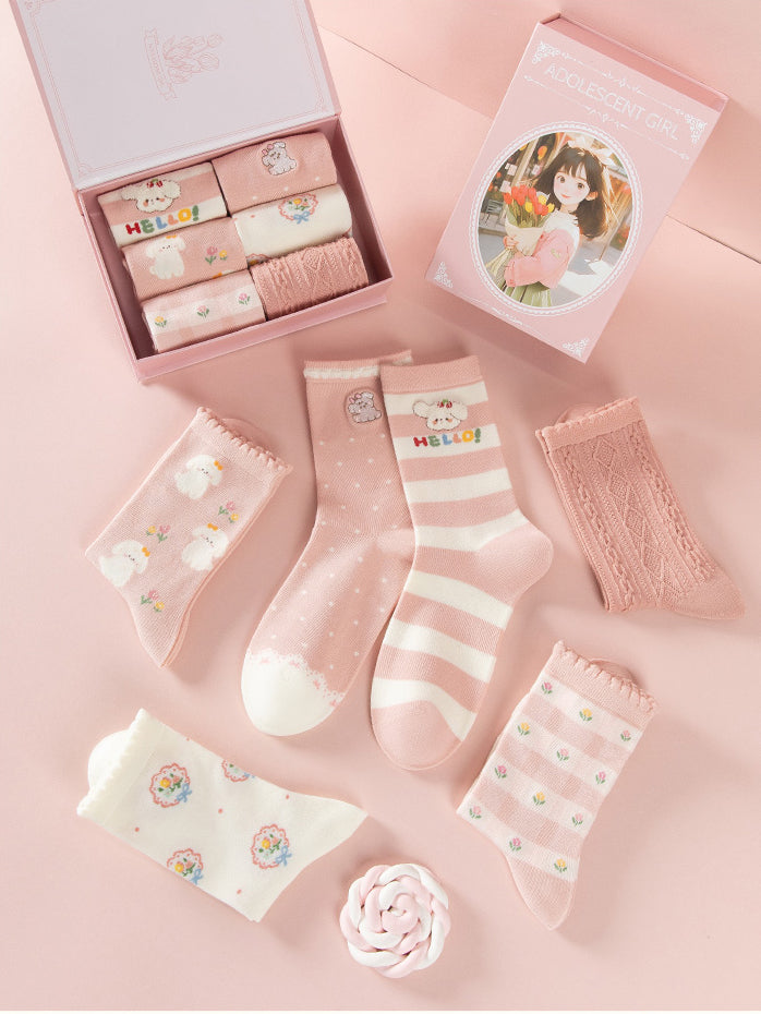 6 pairs of pink cute puppy cotton mid-calf socks