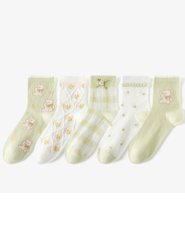 5 pairs of green cartoon bear spring summer socks