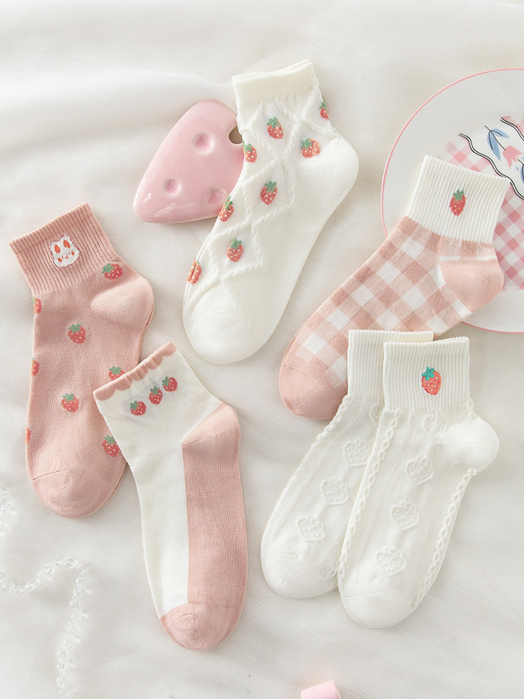 5 pairs of cute strawberry bunny spring summer cotton socks