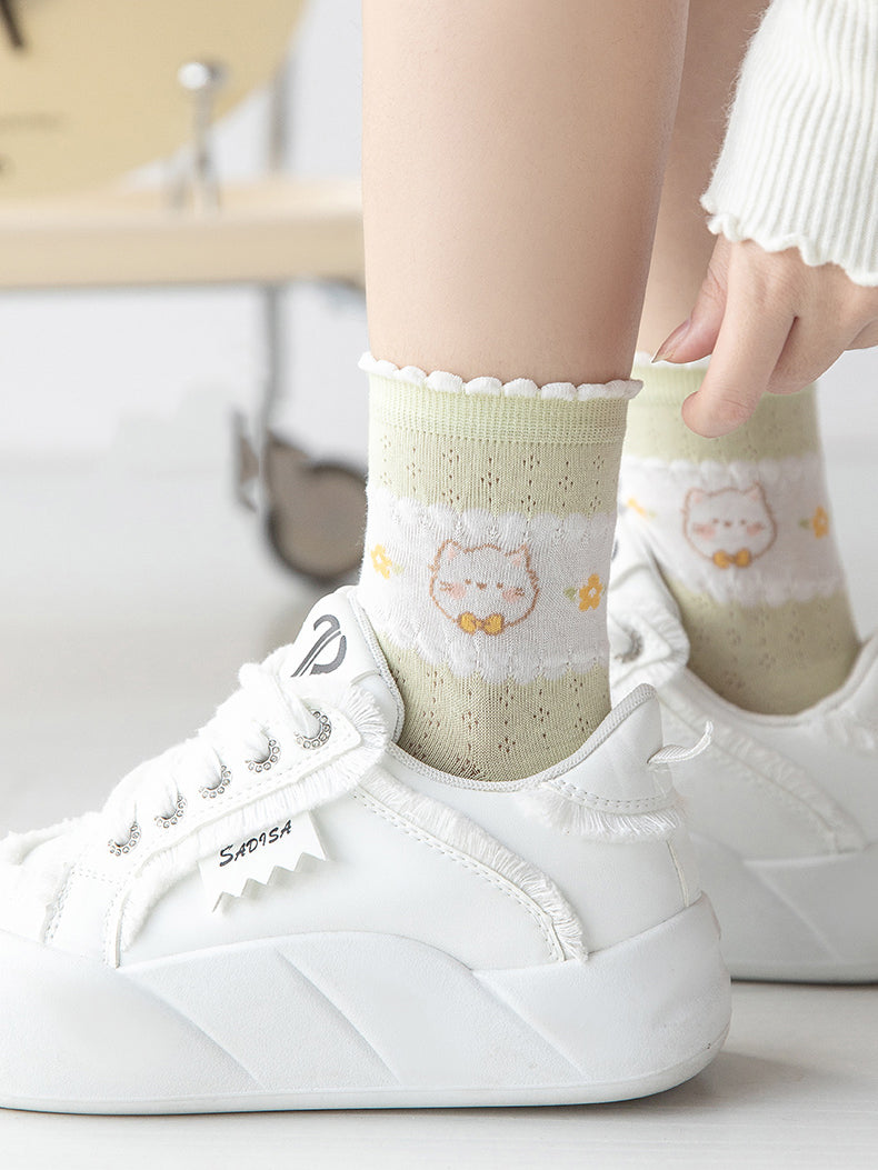 5 pairs of green cartoon bear spring summer socks