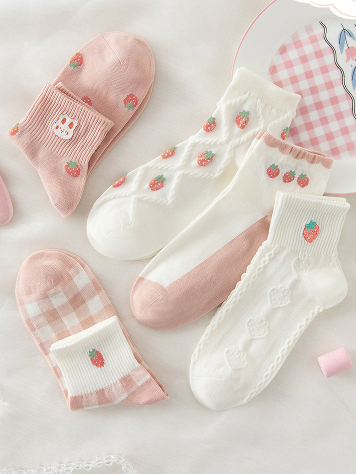 5 pairs of cute strawberry bunny spring summer cotton socks