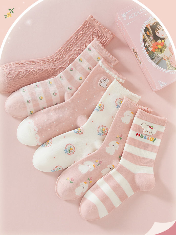 6 pairs of pink cute puppy cotton mid-calf socks