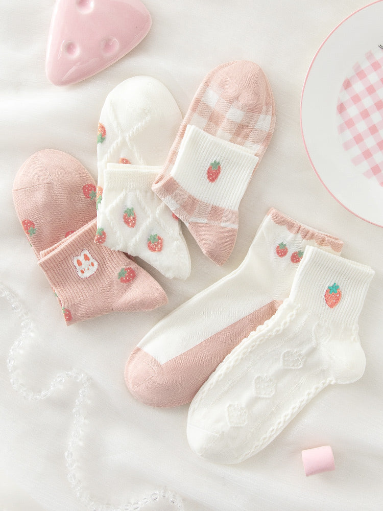5 pairs of cute strawberry bunny spring summer cotton socks