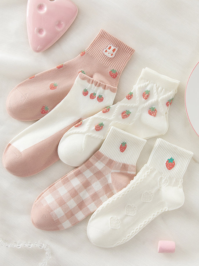 5 pairs of cute strawberry bunny spring summer cotton socks