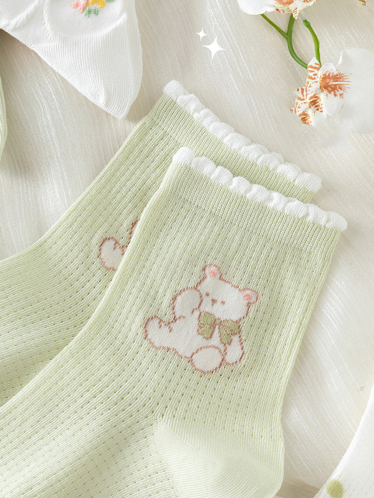 5 pairs of green cartoon bear spring summer socks