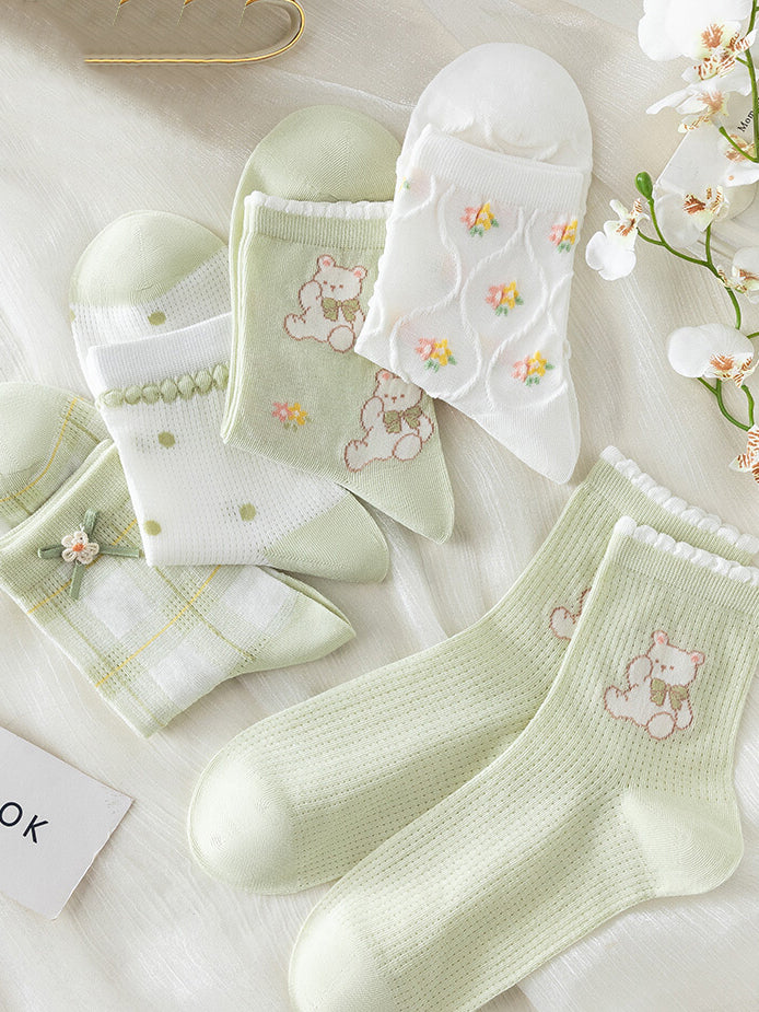 5 pairs of green cartoon bear spring summer socks