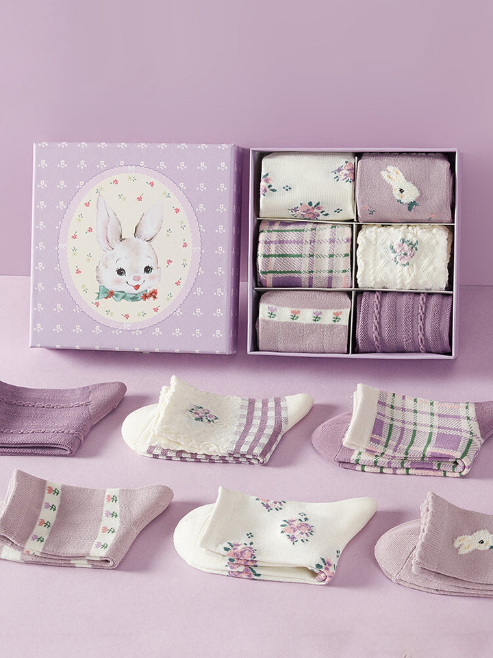 6 pairs of purple rabbit cotton mid-calf socks