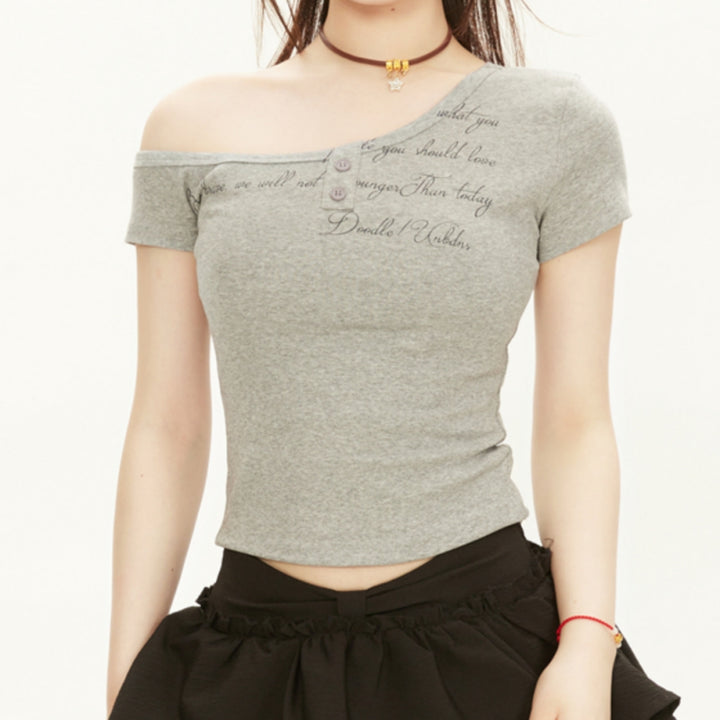 Off-Shoulder Letter Print T-Shirt