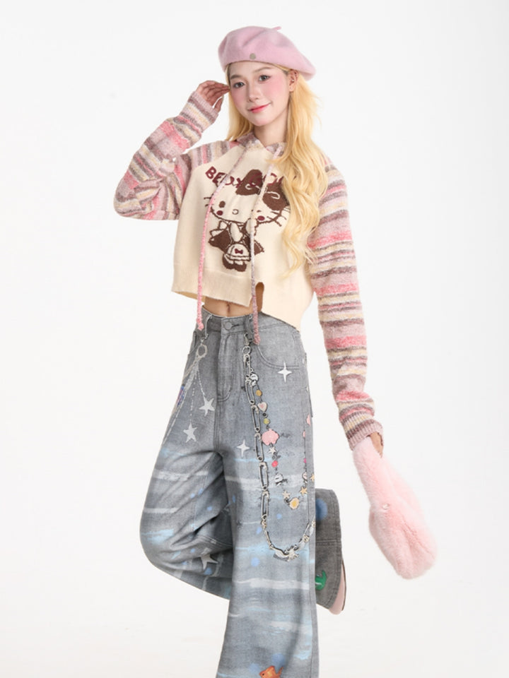Playful Kitty Jacquard Cropped Knit Hoodie