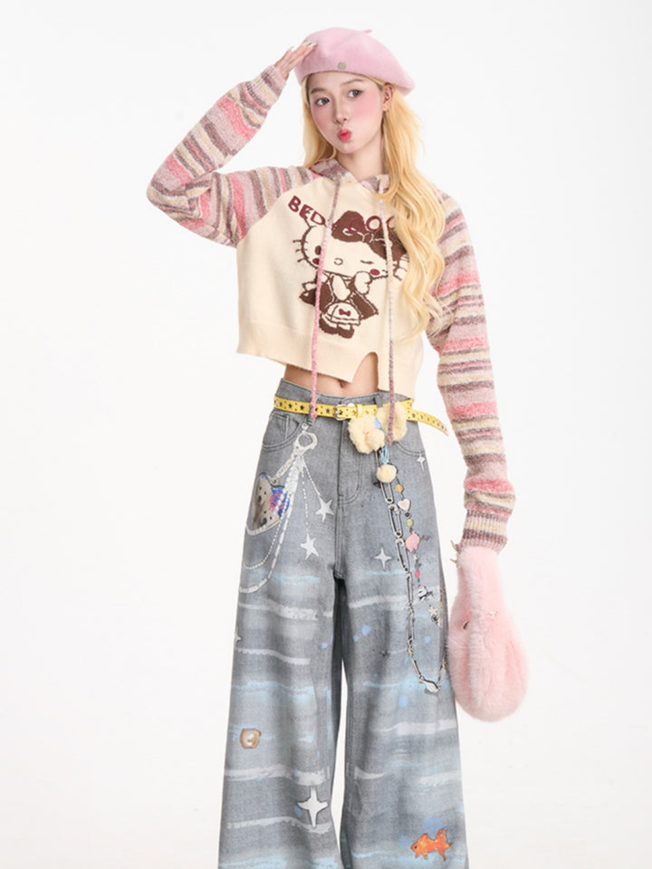 Playful Kitty Jacquard Cropped Knit Hoodie