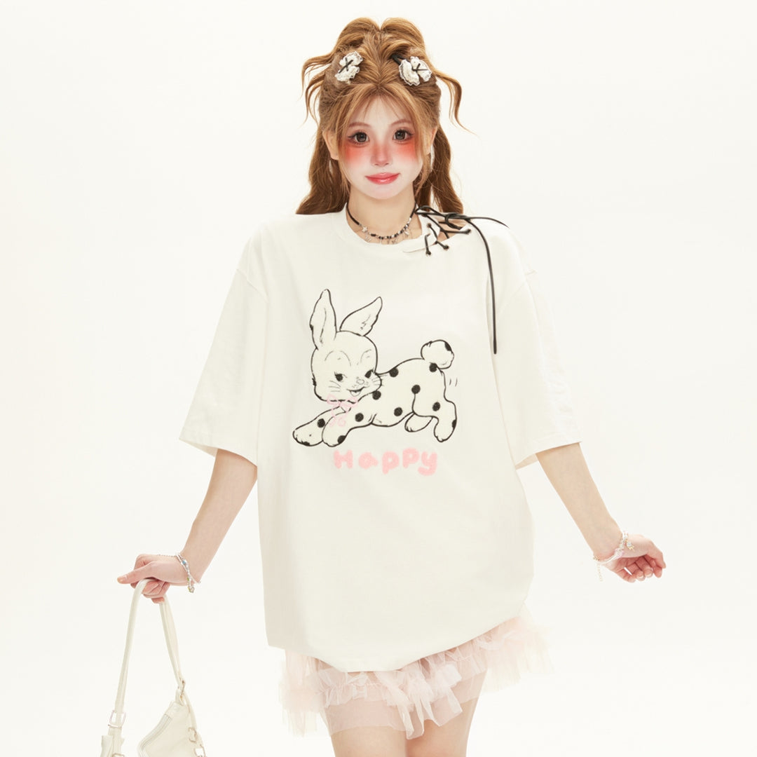 Playful Rabbit Embroidered Short Sleeve T-shirt