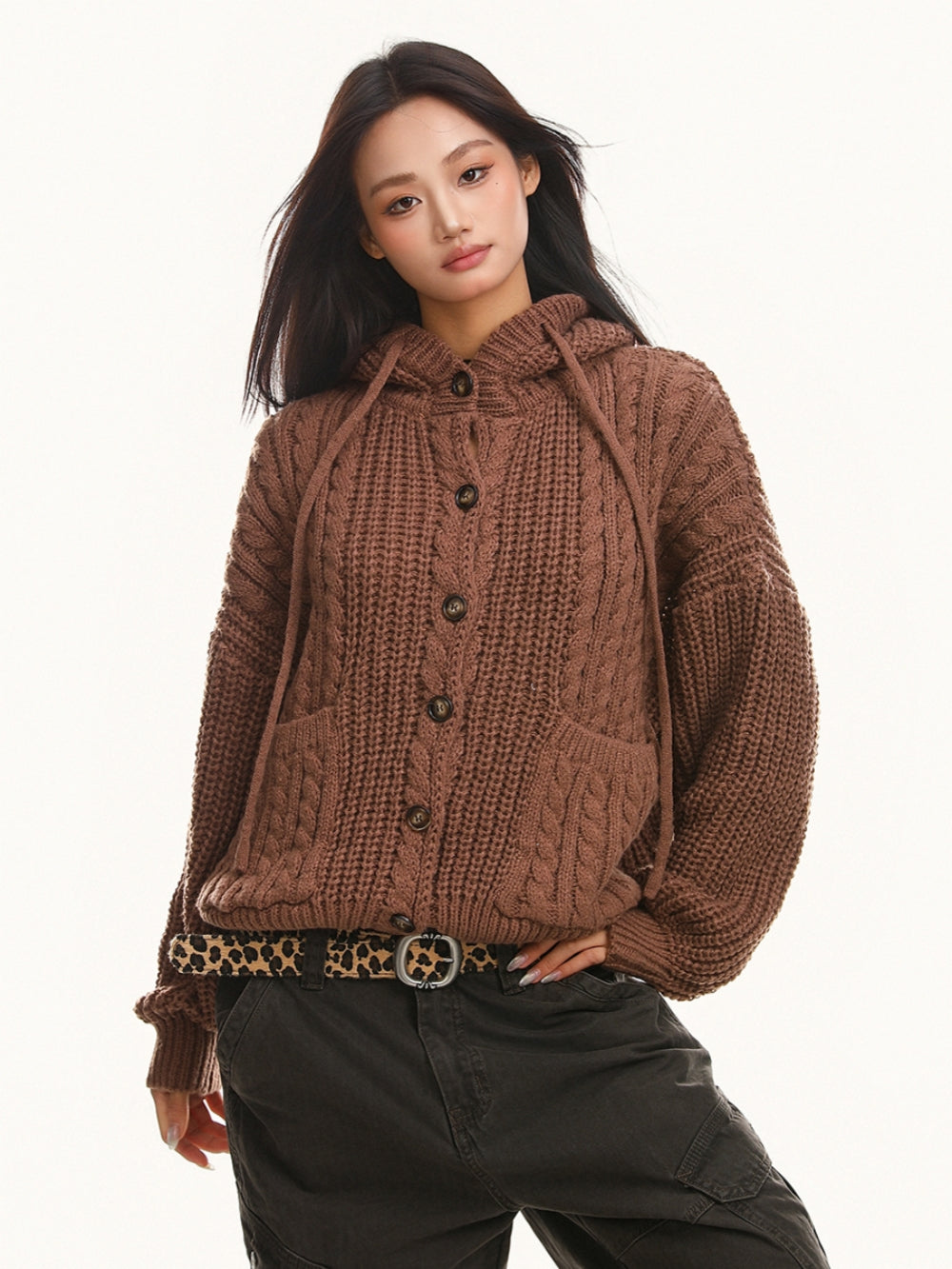 Premium Vintage Chunky Knit Hooded Cardigan Sweater